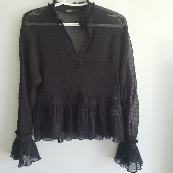 Maje Laurine Swiss Dot High Neck Ruffle Peplum Top - Picture 6 of 8